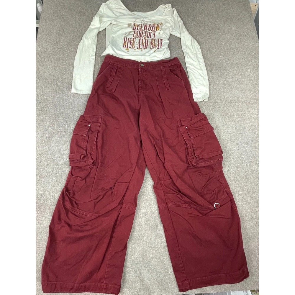 Beerbro Crop Top Cargo Pants Set Womens L White Burgundy Cold Shoulder Graphic